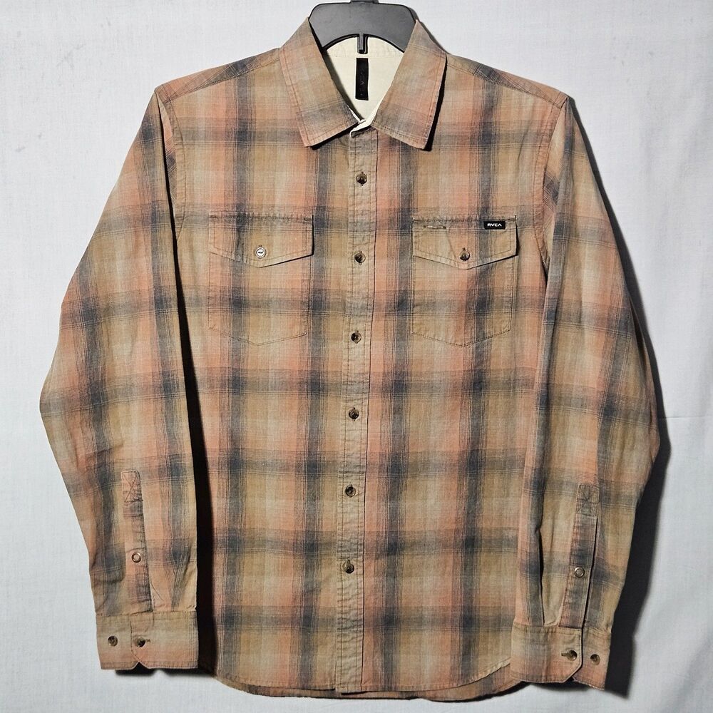 RVCA Shirt Button Down Long Sleeve Mens M Brown Orange Plaid Surf Skate